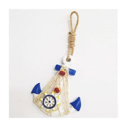 Trade Shop - Appendino Da Parete Ancora Timone Rete Blu Bianco Shabby Marino Decorazione -