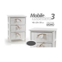 Trade Shop - Cassettiera 3 Cassetti H59x40x29cm Legno Comodino Bianco Cuore Arredamento Casa -