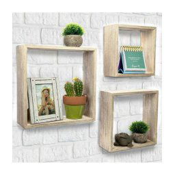 Trade Shop - Set 3 Mensole Da Parete Moderne Design Cubo Mensola Scaffale In Legno Mdf Beige -