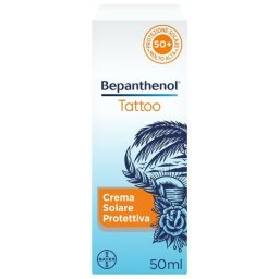 Bepanthenol Tattoo Crema Protezione Solare Molto Alta SPF50+ Per Tatuaggio, Con Pantenolo, Idrata e Rigenera la Pelle Tatuata 50ml
