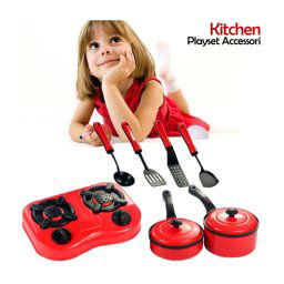 Trade Shop - Set Cucina Per Bambine 7pz Con Piano Cottura Stoviglie Pentole E Accessori Gioco -
