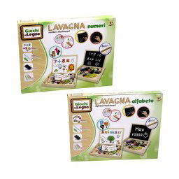 Trade Shop - Scatola Lavagna In Legno 2 Lati Gessetti Pennarelli E Magneti Lettere E Numeri -