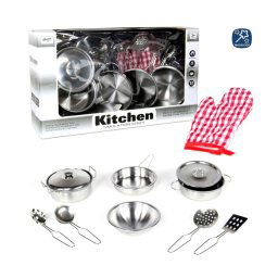 Trade Shop - Set Cucina Giocattoli Per Bambini In Metallo 10pz Con Pentole Mestoli E Guanto -