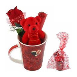 Trade Shop - Tazza Con Peluche Orsetto Rosso Regalo San Valentino Con Fiore Confezione 63297 -