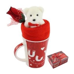 Trade Shop - Tazza Orsetto Bianco In Peluche Fiore Confezione Regalo Per San Valentino 63298 -