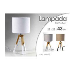 Trade Shop - Lampada Abat Jour Ceramica 22x22x43cm Lumetto Tavolo Base Legno Trepiede 698743 -