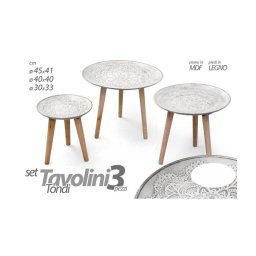 Trade Shop - Set 3 Tavolini Piedi In Legno Salotto Giardino Decorati ø45-40-30cm Tondi 783951 -