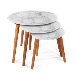 Trade Shop - Set 3 Tavolini Effetto Marmo Piedi Legno Salotto Moderno Tondi ø53-39-30cm 839429 -