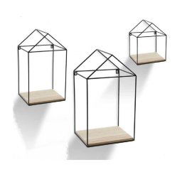 Trade Shop - 3pz Mensole Parete Casa Bacheca Mensola Legno Sospesa Metallo Nero H20/32/40cm 751653 -
