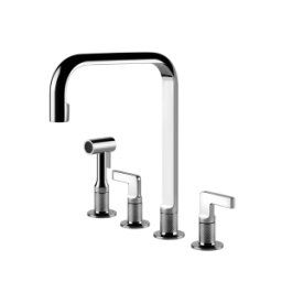 Gessi INCISO Monogetto Brass PVD - 58703#710 Miscelatore Lavello | Miscelatore 4 fori in ottone, finitura ottone PVD, doccetta estraibile, canna girevole 120, altezza 31,5 cm