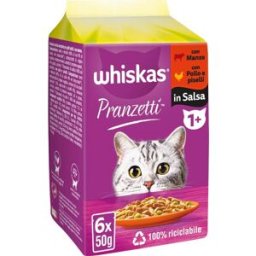 WHISKAS Pranzetti Cat Busta Multipack 6x50G MANZO POLLO E PISELLI