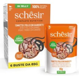 SCHESIR Cat Busta Multipack 6x85G TONNETTO E POLLO CON GAMBERETTI
