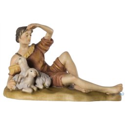 Scultura in legno Pastore sdraiato con pecore color