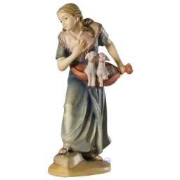 Scultura in legno Pastorella con agnelli color