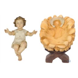 Scultura in legno Ges bambino in culla-2 pezzi color
