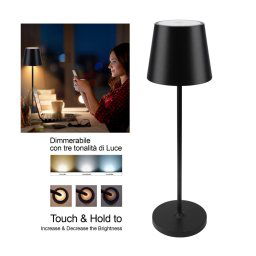 Trade Shop - Lampada Da Tavolo A Led Con Batteria Ricaricabile Touch Dimmerabile 3 Colori Bar - Nero