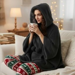 altri brand Poncho con cappuccio e pon pon nero Fashion