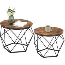 VASAGLE Set di 2 Tavolini da Caffè Rotondi ad Incastro, Marrone Rustico + Nero