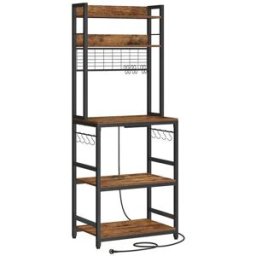 VASAGLE Scaffale Cucina con Multipresa Marrone Vintage e Nero, Marrone Vintage + Nero / 40 x 60 x 170 cm