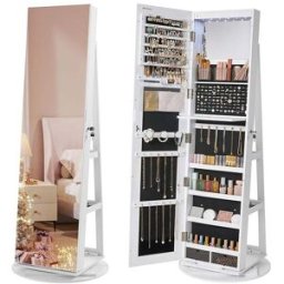SONGMICS Armadietto Portagioie con Luci a LED Specchio e Chiusura, Superficie Bianca + Fodera Nera