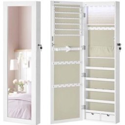 SONGMICS Armadio Portagioie da Appendere Bianco, Esterno Bianco + Interno Greige