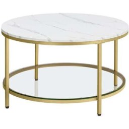 VASAGLE Tavolino da Salotto Rotondo, Bianco Marmo + Oro Metallico / 80 x 46 cm