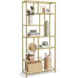 VASAGLE Libreria Scaffale Verticale Porta Piante in Vetro Temperato Studio Soggiorno, Oro Metallico
