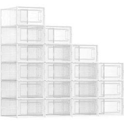 SONGMICS Pacco da 18 Scatole per Scarpe Contenitori per Scarpe, Trasparente + Bianco / 30 x 22,5 x 13,5 cm