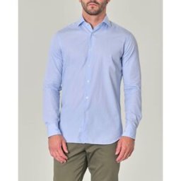 Ashki.i Camicia azzurra e bianca in popeline di puro cotone millerighe con colletto alla francese