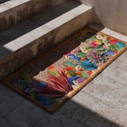 Tessitura Toscana Telerie Tappeto beige 52x180cm in materiale riciclato a stampa Kactus multicolore e motivo intrecciato