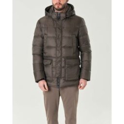 Rodolfo Pellizzari Piumino con cappuccio color fango in nylon opaco imbottito in piuma con tascone applicate