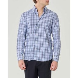 Rodolfo Pellizzari Camicia azzurra a quadri blu in tessuto tecnico hyper comfort effetto flanella con collo button down