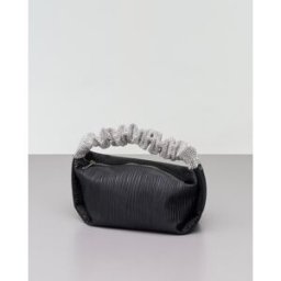 Anna Cecere Borsa mini a mano nera in raso goffrato con manico rivestito in strass argento