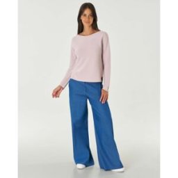 Hlo! Jeans wide leg a vita media in chambray di puro cotone lavaggio medio con elastico in vita