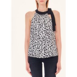 Liujo Top bianco a fantasia animalier nera a pieghe con scollo all'americana
