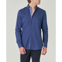 Rodolfo Pellizzari Camicia indaco in flanella di cotone stretch a motivo spinato con colletto botton-down