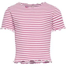 Only T-shirt bianca a righe fucsia in cotone stretch a costine con orli ondulati 2-7 anni