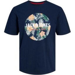 Jack & Jones T-shirt blu regular-fit in puro cotone con stampa logo frontale rotonda a fantasia tropicale