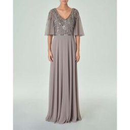 Viktoria Abito lungo grigio in georgette con maniche al gomito a mantella e ricami in paillettes tono su tono