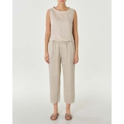 Zelino Pantaloni beige in lino a gamba dritta dal taglio cropped con coulisse interna
