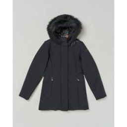 R.R.D. Giaccone nero in nylon elasticizzato con cappuccio e pelliccia