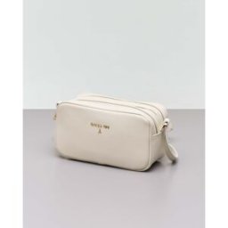 Patrizia Pepe Cross bag color panna dalla linea allungata in pelle con scritta logo dorata sul davanti