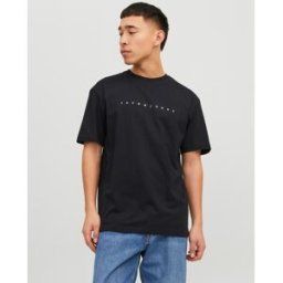 Jack & Jones T-shirt nera mezza manica relaxed fit con logo scritta davanti