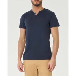 Priority House T-shirt serafino blu mezza manica in cotone fiammato