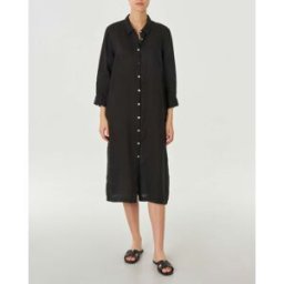 Zelino Abito chemisier midi in lino nero con maniche tre quarti