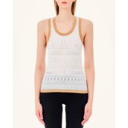 Liujo Top bianco in maglia traforata di misto viscosa con scollo all'americana e profili color cammello