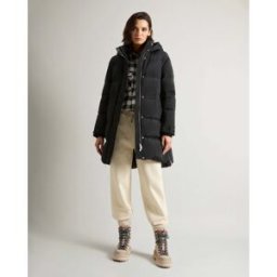 Woolrich Piumino nero midi modello Alsea con coulisse in vita, cappuccio e spacchi laterali con zip
