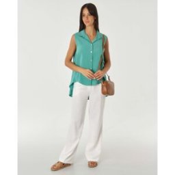 Hlo! Camicia senza maniche color giada in viscosa e lino con tagli obliqui ai lati e fondo più lungo dietro