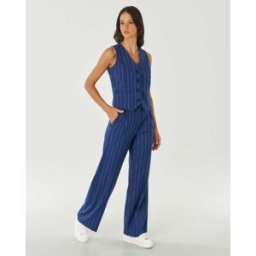 Hlo! Pantaloni straight gessati blu chiaro e avorio con pinces in vita