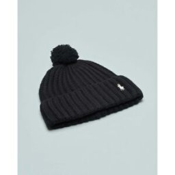 Ralph Lauren Berretto nero a coste in misto lana con pompon e logo ricamato a contrasto sul risvolto